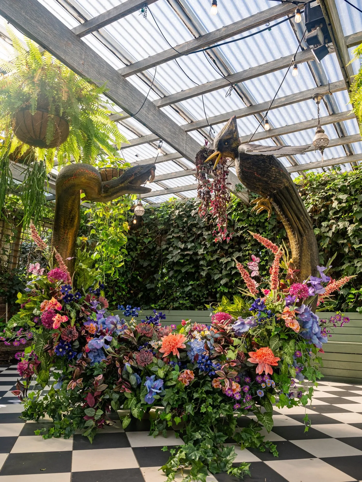 The full installation under the glasshouse roof at The Grounds