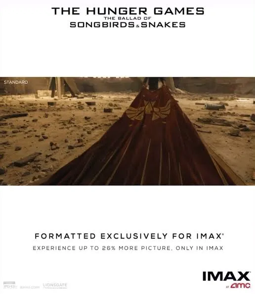 A frame from The Ballad of Songbirds and Snakes labelled STANDARD, letterboxed inside the taller IMAX frame, above the line Formatted Exclusively for IMAX